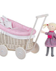 Whitewashed Wicker Doll Pram with Pink Bedding
