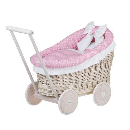 Whitewashed Wicker Doll Pram with Pink Bedding