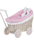 Whitewashed Wicker Doll Pram with Pink Bedding