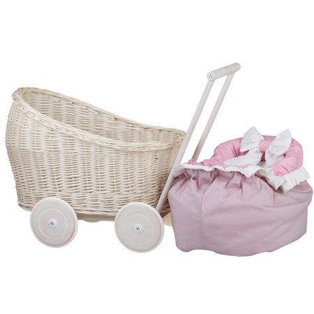 Whitewashed Wicker Doll Pram with Pink Bedding