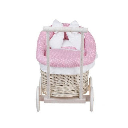 Whitewashed Wicker Doll Pram with Pink Bedding