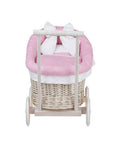 Whitewashed Wicker Doll Pram with Pink Bedding