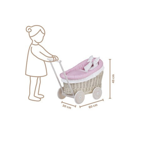 Whitewashed Wicker Doll Pram with Pink Bedding