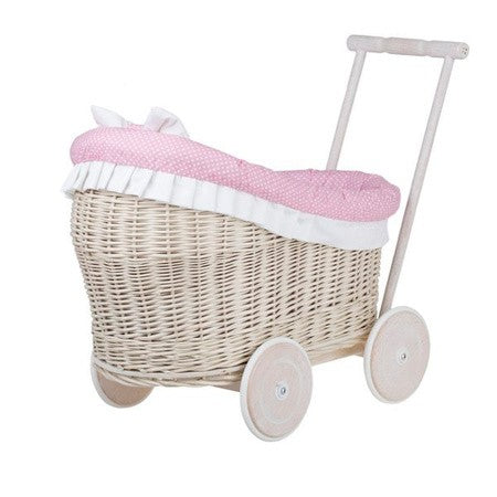 Whitewashed Wicker Doll Pram with Pink Bedding