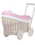 Whitewashed Wicker Doll Pram with Pink Bedding