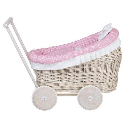 Whitewashed Wicker Doll Pram with Pink Bedding