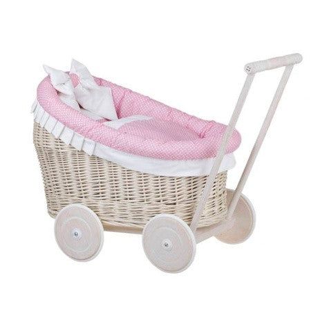 Whitewashed Wicker Doll Pram with Pink Bedding