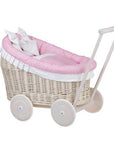 Whitewashed Wicker Doll Pram with Pink Bedding