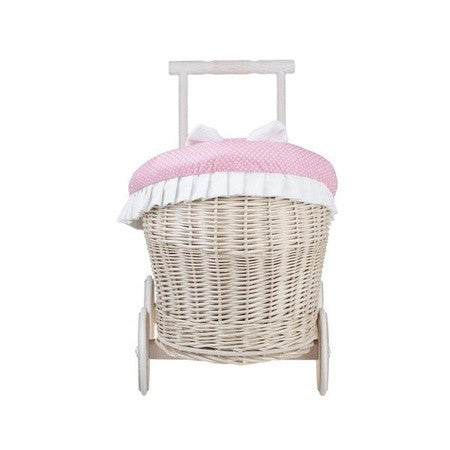 Whitewashed Wicker Doll Pram with Pink Bedding