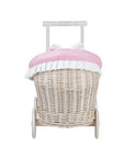 Whitewashed Wicker Doll Pram with Pink Bedding