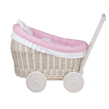 Whitewashed Wicker Doll Pram with Pink Bedding