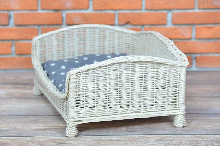 Cozy Whitewashed Wicker Pet Bed with Soft Cushion