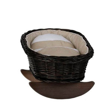 Wicker Rocking Cradle with Beige Gingham Bedding