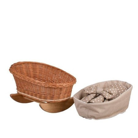 Natural Wicker Rocking Cradle with Beige Bedding