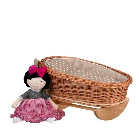 Natural Wicker Rocking Cradle with Beige Bedding