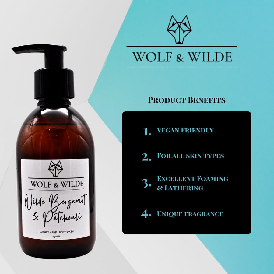 Luxury bergamot and patchouli 2 in 1 liquid soap, hand and body wash with jasmine, vegan cruelty-free, 250ml by Wolf & Wilde at brixbailey.com