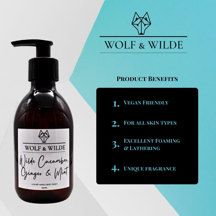 Luxury Wilde Cucumber Ginger Mint 2 in 1 Liquid Soap, Hand Body Wash, Green Floral Musk Scent, Vegan Cruelty-Free, 250ml by Wolf & Wilde at brixbailey.com