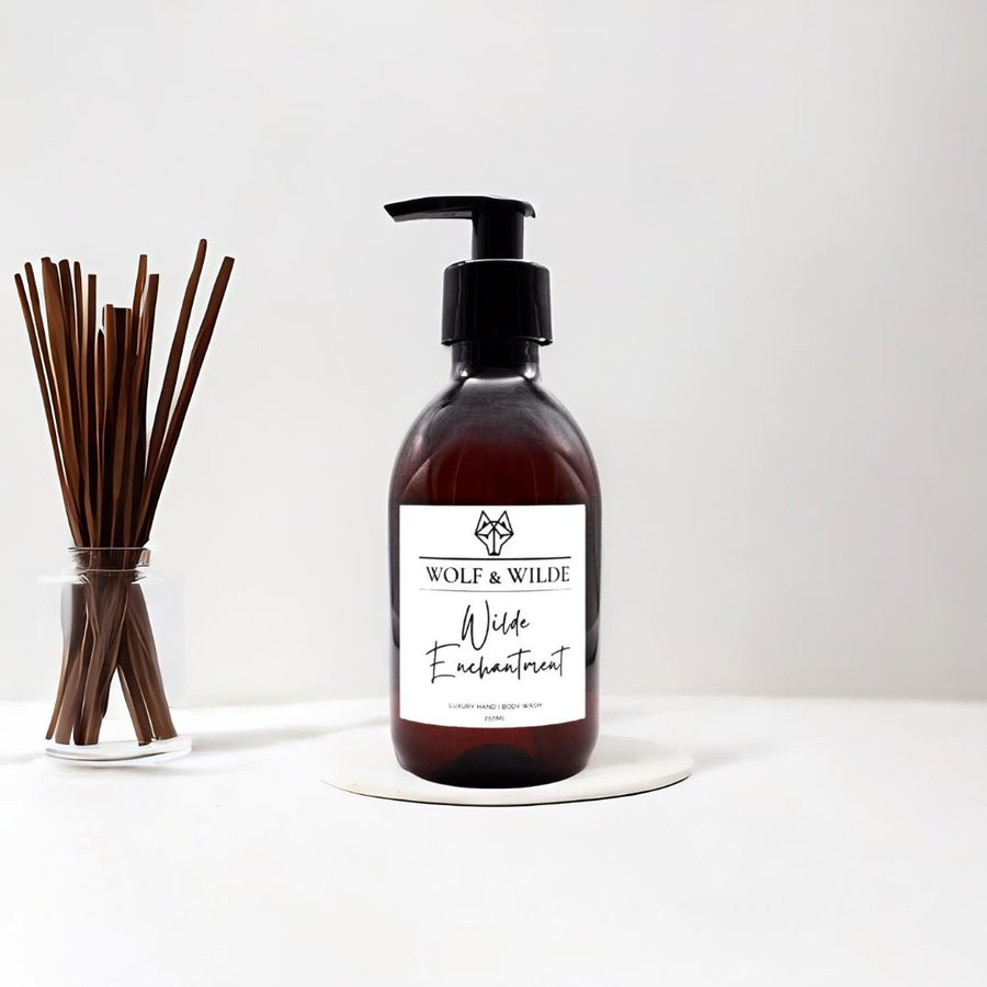 Wilde Enchantment luxury 2 in 1 liquid soap for hands and body, 250ml, bergamot citrus floral fragrance, vegan cruelty-free, amber PET bottle by Wolf & Wilde at brixbailey.com