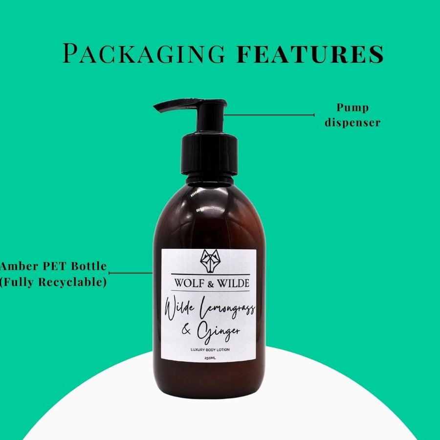 Luxury lemongrass and ginger body lotion, premium handcrafted moisturizer with cardamom and grapefruit, vegan cruelty-free, 250ml by Wolf & Wilde at brixbailey.com