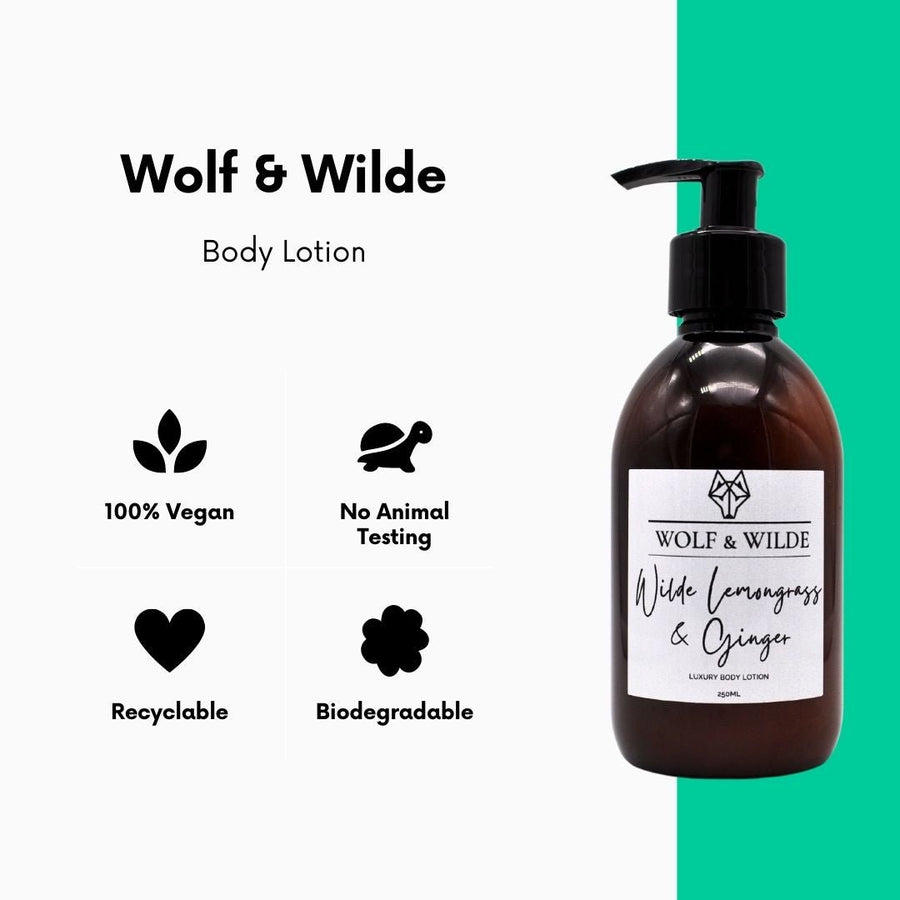 Luxury Wilde Lemongrass and Ginger Body Lotion, premium handcrafted moisturizer with zesty citrus and spicy notes, 250ml by Wolf & Wilde at brixbailey.com