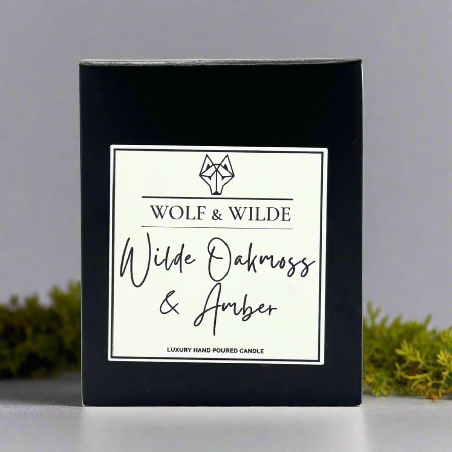 Luxury Wilde Oakmoss & Amber Scented Candle, premium gender-neutral fragrance with grapefruit, orange, oakmoss, lavender, sandalwood by Wolf & Wilde at brixbailey.com