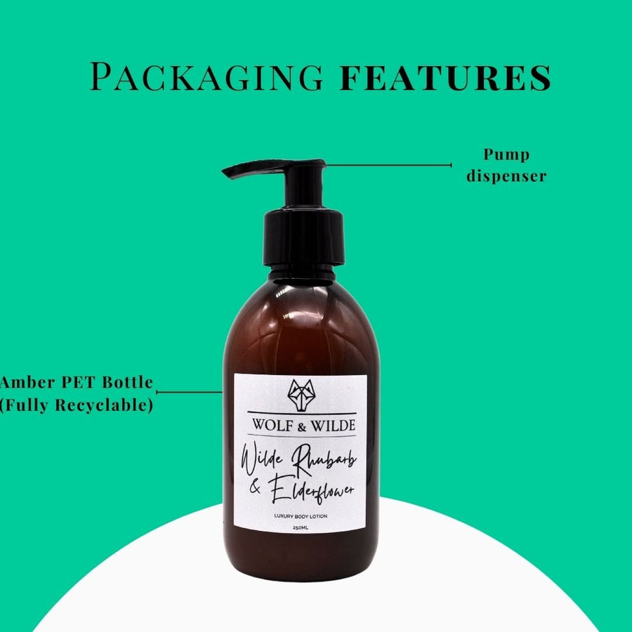 Luxury Wilde Rhubarb and Elderflower Body Lotion, premium handcrafted fragrance with rhubarb, rose, musk, vegan and cruelty-free, 250ml by Wolf & Wilde at brixbailey.com