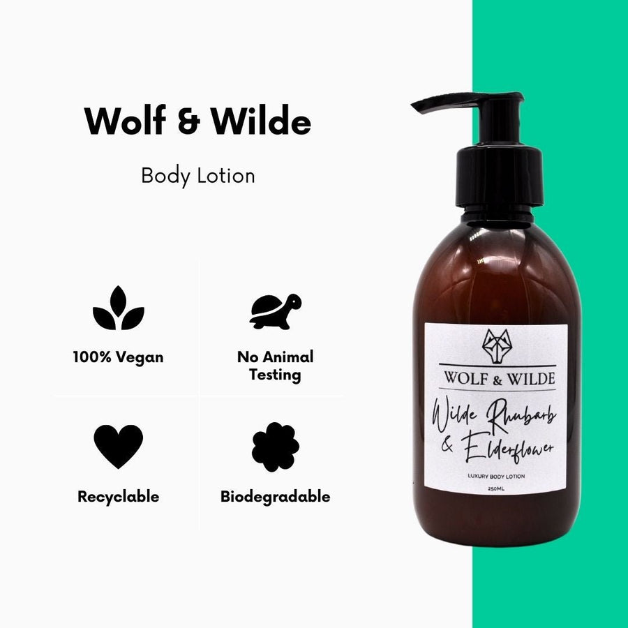 Luxury Wilde Rhubarb and Elderflower Body Lotion, premium handcrafted vegan formula, long-lasting fragrance, 250ml by Wolf & Wilde at brixbailey.com