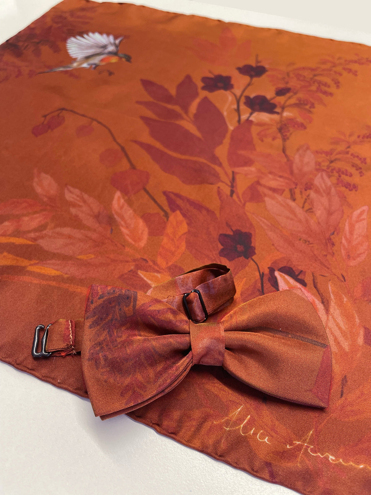 Rust floral Silk Pocket Square and Bow tie in 'Ember' robin print