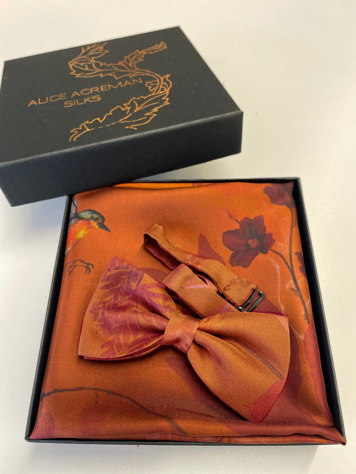 Rust floral Silk Pocket Square and Bow tie in 'Ember' robin print