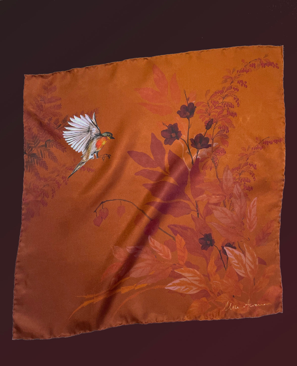 Rust floral Silk Pocket Square and Bow tie in 'Ember' robin print