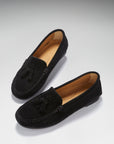 Women's Tasselled Driving Loafers Full Rubber Sole, black suede