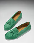 Women's Tasselled Driving Loafers, emerald embossed suede