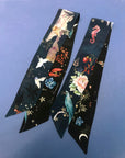 Navy 'Skinny' Silk scarf in the botanical  'Wonderous' Print, delicate, lightweight scarf accessory