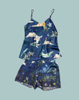 Blue silk pyjama set in 'Wonderous'  night sky Print, luxury lounge wear