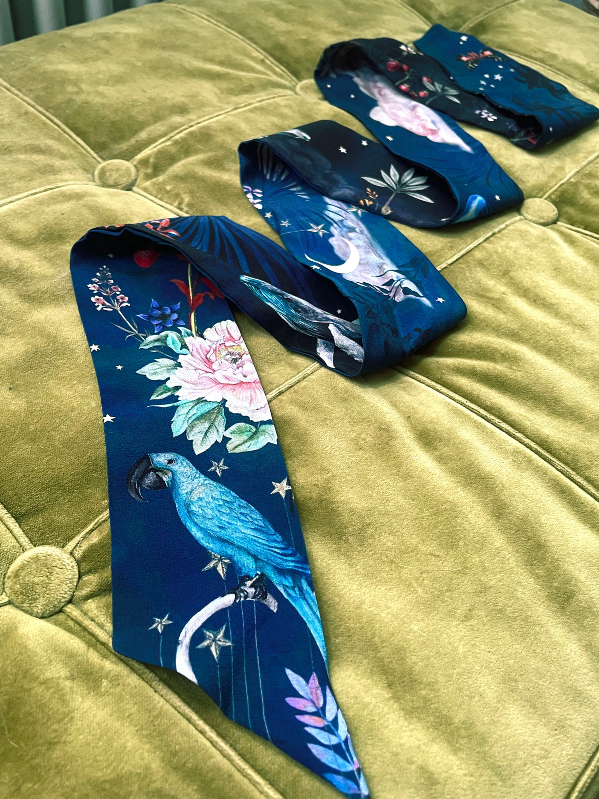 Navy 'Skinny' Silk scarf in the botanical  'Wonderous' Print, delicate, lightweight scarf accessory