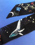 Navy 'Skinny' Silk scarf in the botanical  'Wonderous' Print, delicate, lightweight scarf accessory