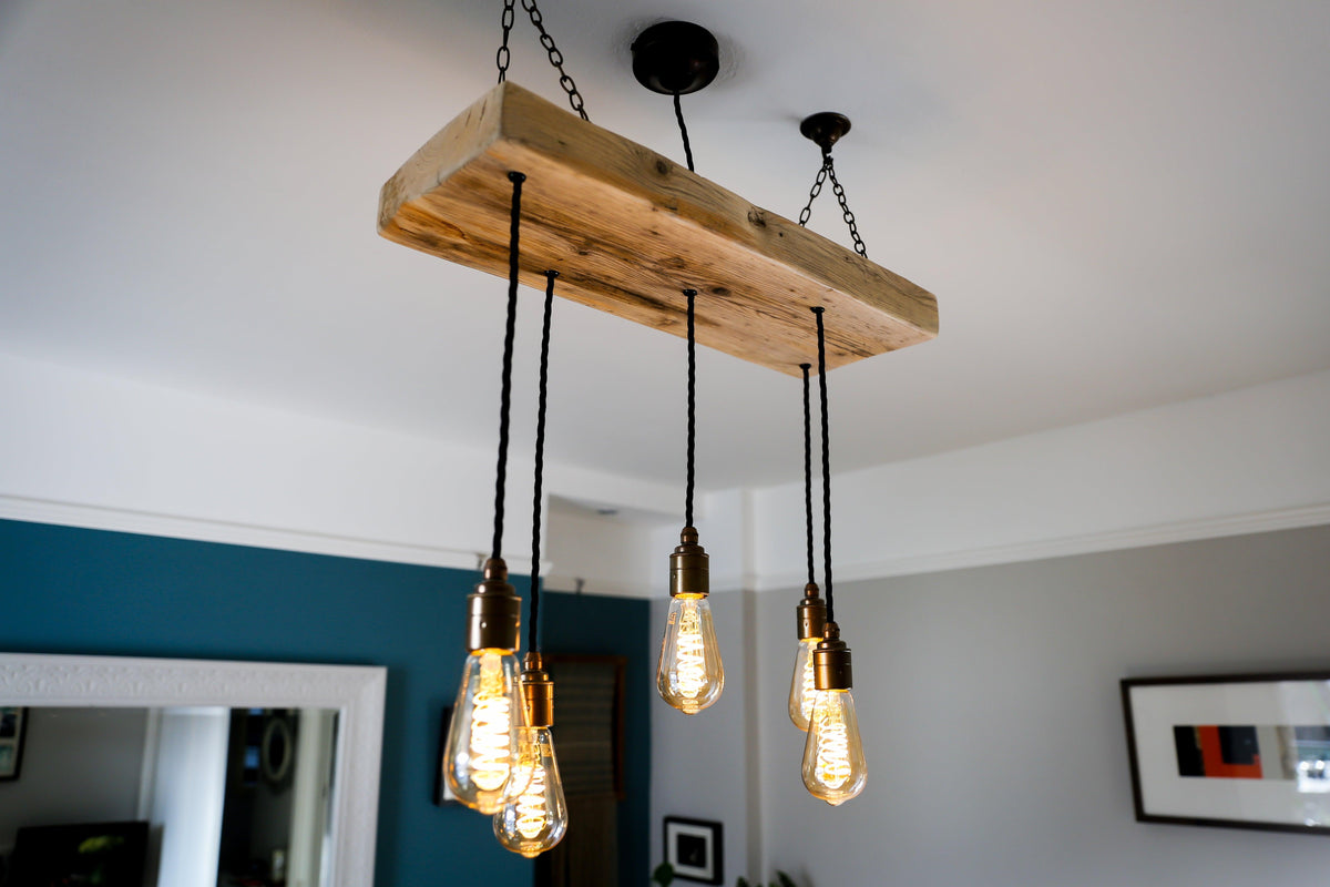 Wooden Beam Cluster Pendant Light | Reclaimed Kitchen Island &amp; Dining Lighting UK
