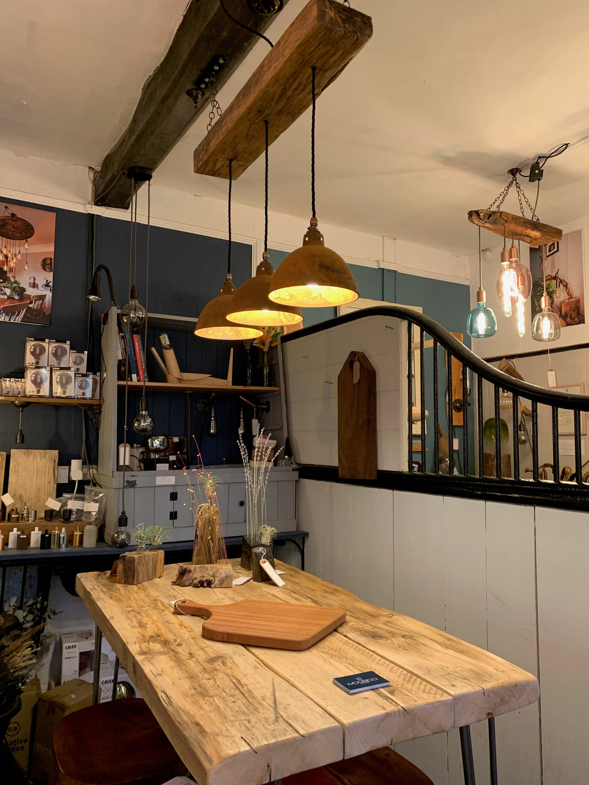 Oak Beam Chandelier with Industrial Shades | Kitchen Island & Task Lighting UK