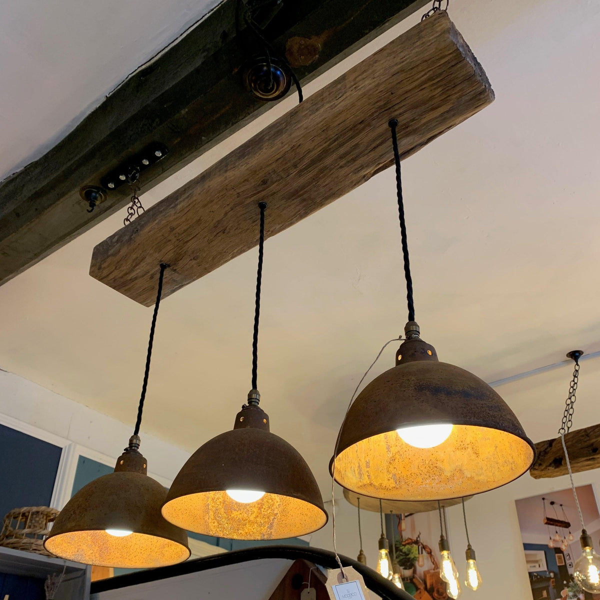 Oak Beam Chandelier with Industrial Shades | Kitchen Island & Task Lighting UK