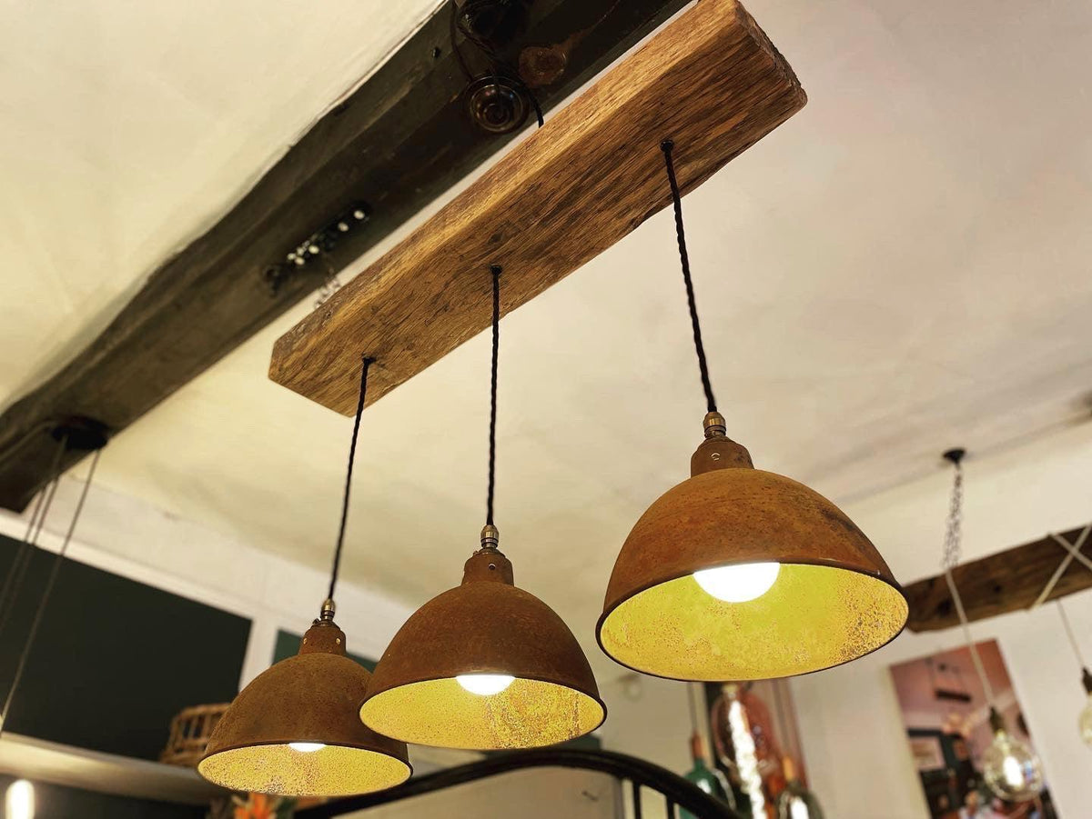 Oak Beam Chandelier with Industrial Shades | Kitchen Island &amp; Task Lighting UK
