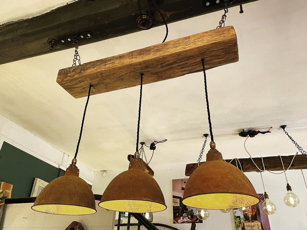 Oak Beam Chandelier with Industrial Shades | Kitchen Island &amp; Task Lighting UK