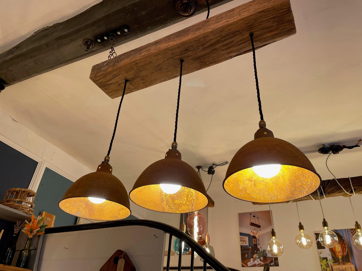 Oak Beam Chandelier with Industrial Shades | Kitchen Island &amp; Task Lighting UK