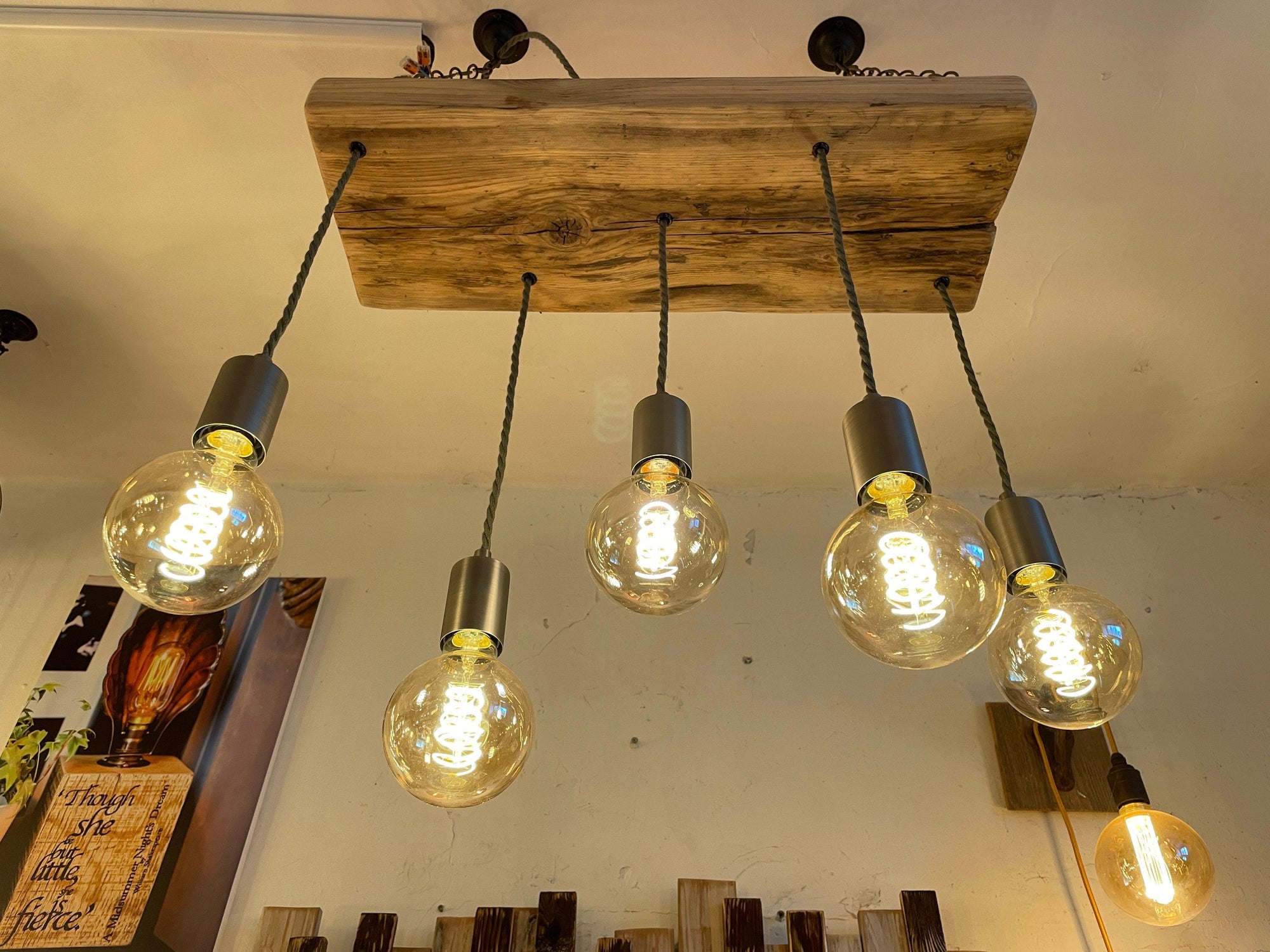 Wooden Beam Pendant with Amber Globe Bulbs