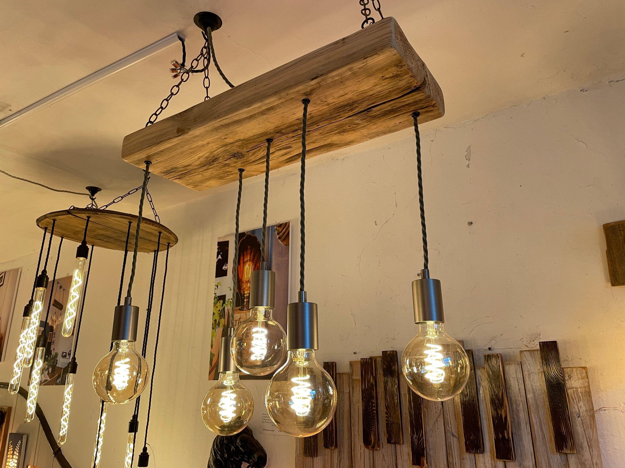 Wooden Beam Pendant with Amber Globe Bulbs