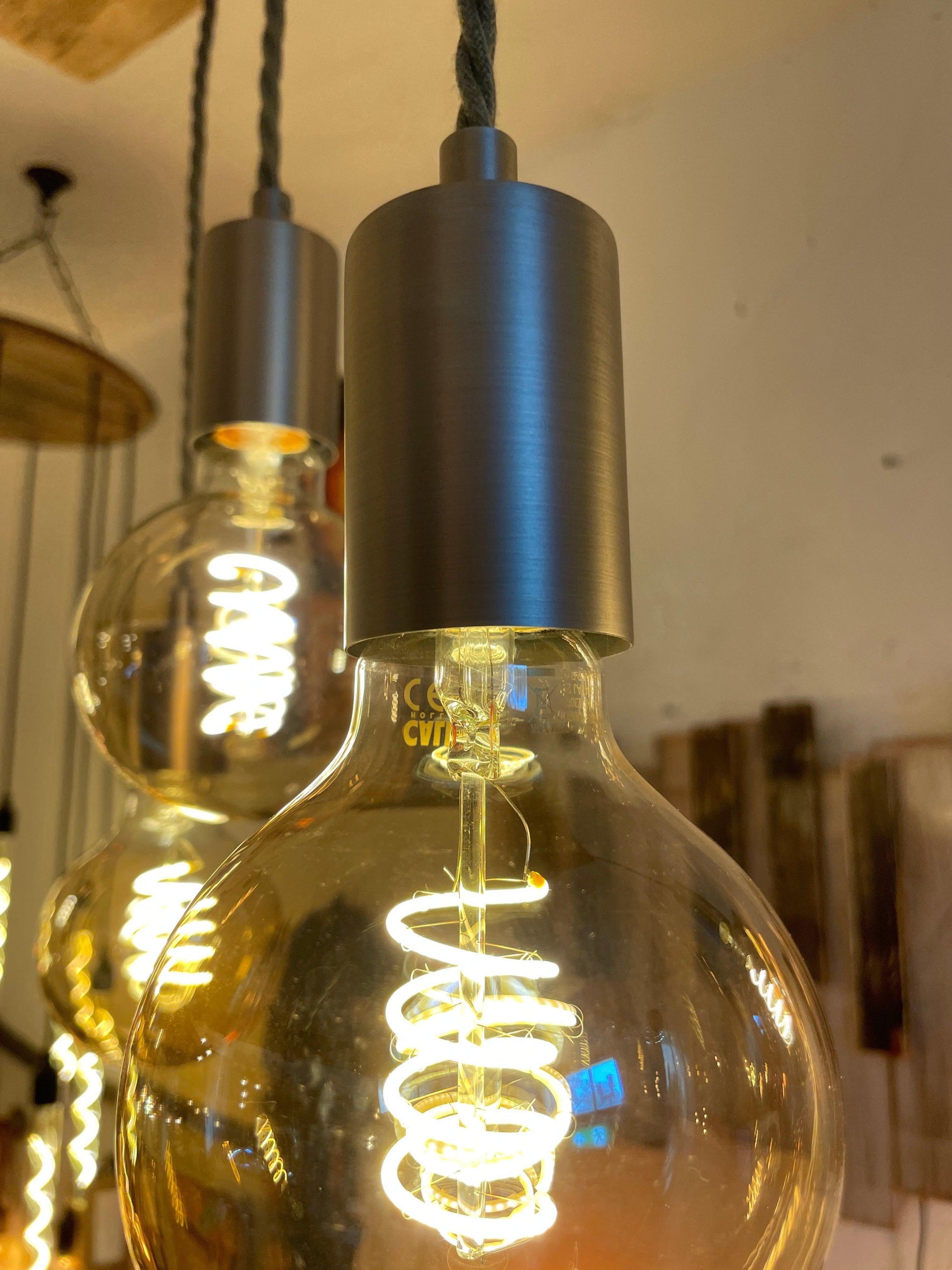 Wooden Beam Pendant with Amber Globe Bulbs