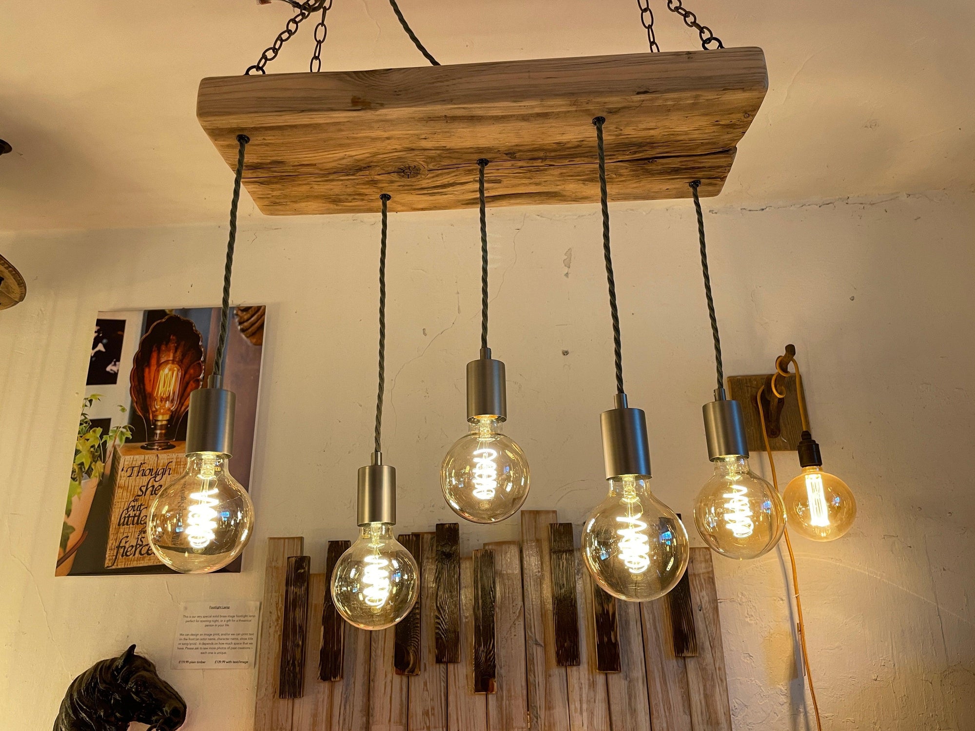 Wooden Beam Pendant with Amber Globe Bulbs