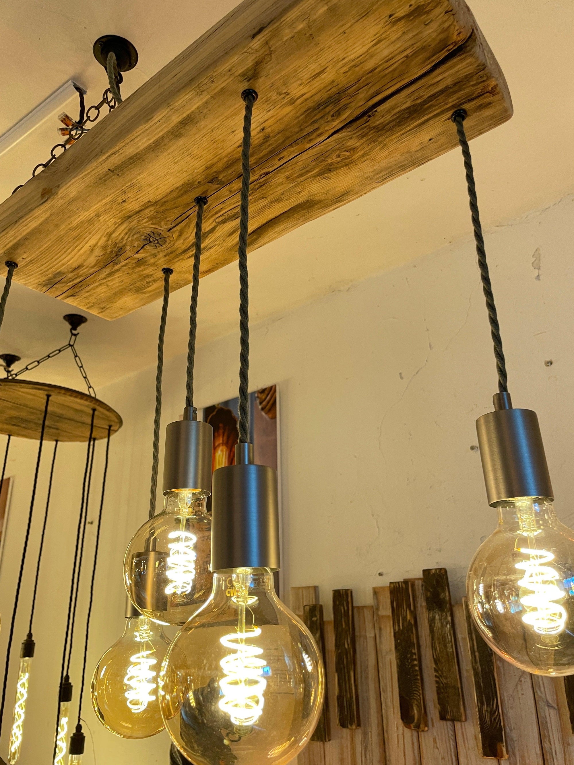Wooden Beam Pendant with Amber Globe Bulbs