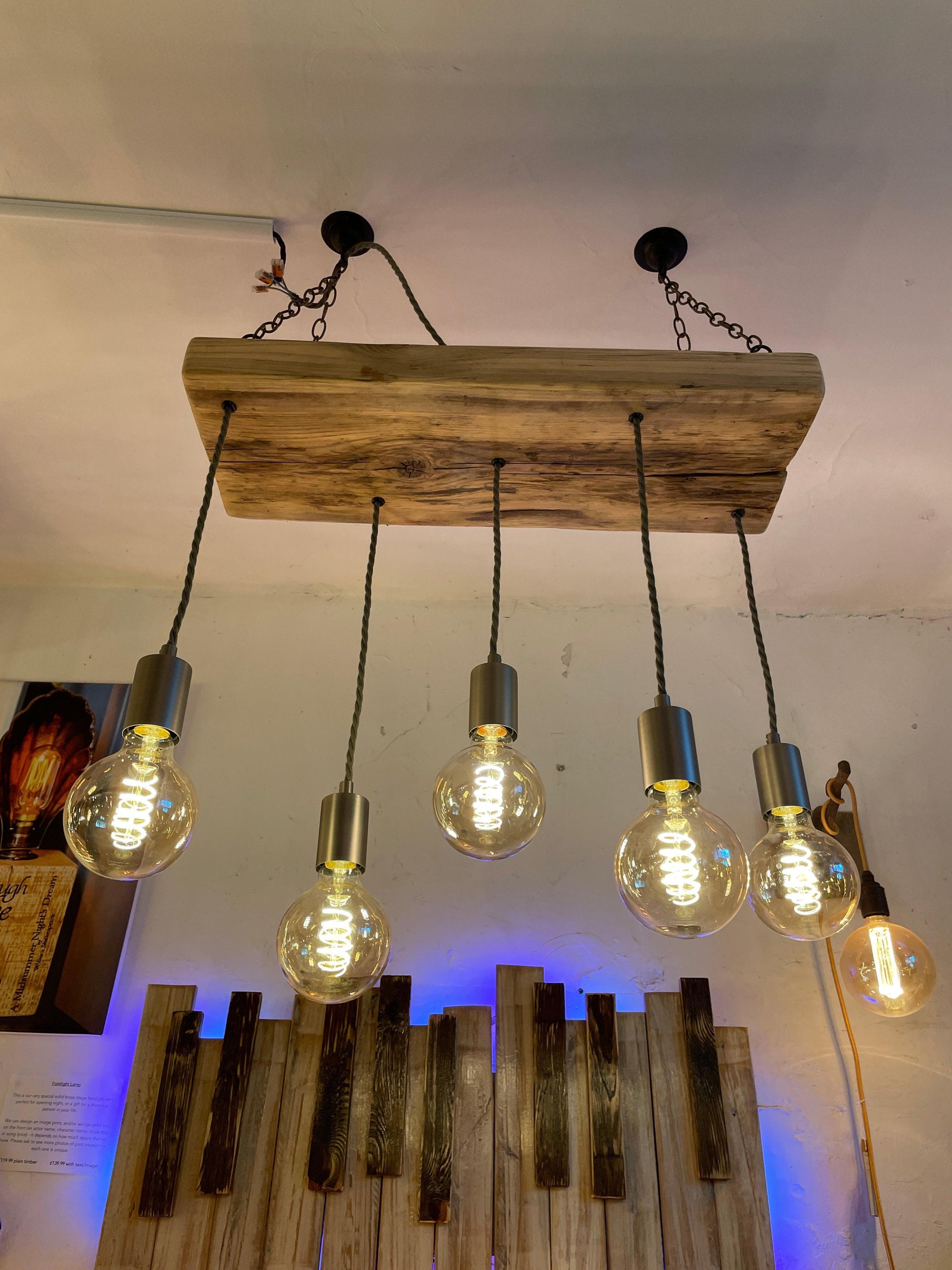 Wooden Beam Pendant with Amber Globe Bulbs