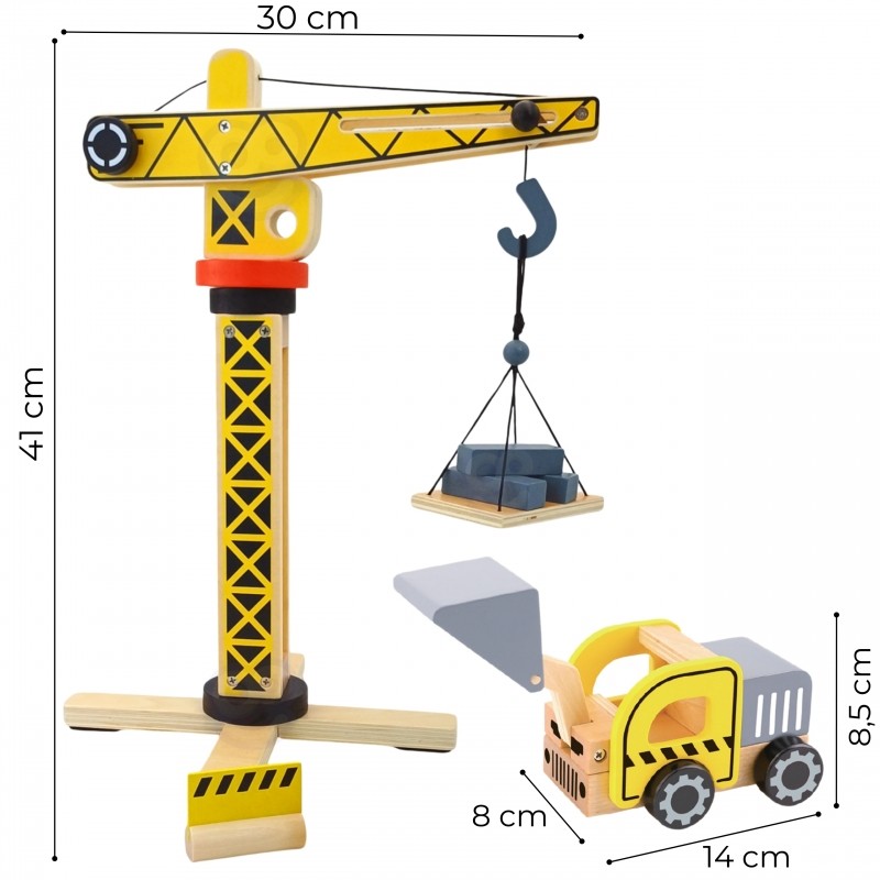 Green Wooden Construction Toy Set with Crane and Vehicles