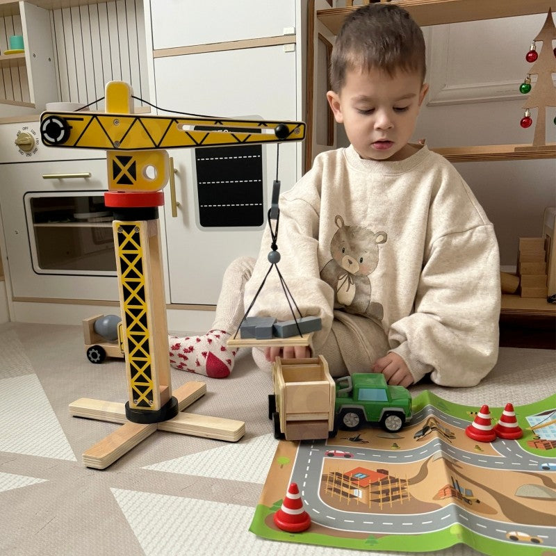 Green Wooden Construction Toy Set with Crane and Vehicles